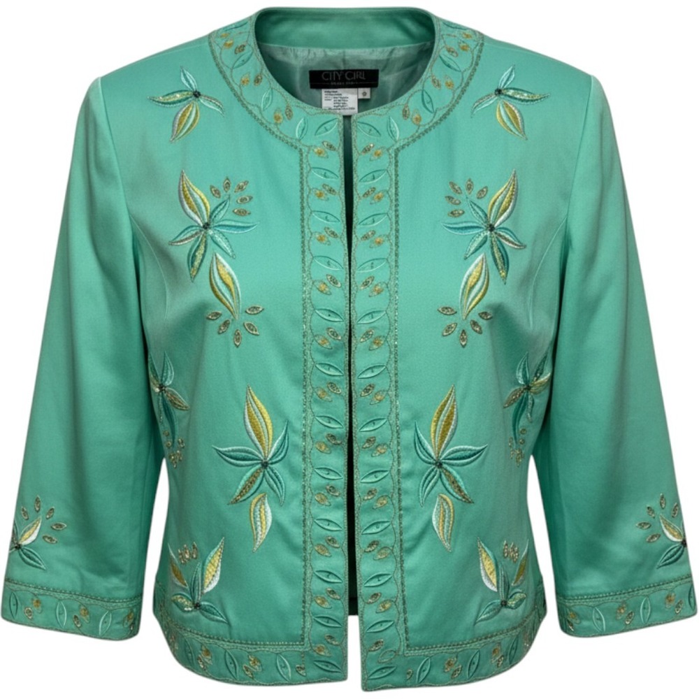 (A10) City Girl Nancy Bolen Seafoam Green Embroidered Beaded Open Jacket M